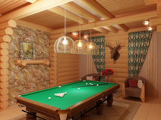 L'intérieur de la salle de billard dans le style d'un pavillon de chasse L'intérieur de la salle de billard dans le style d'un pavillon de chasse