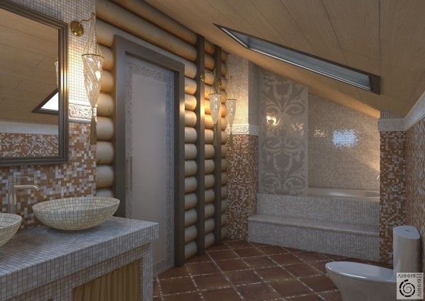 Maison en bois rond: bois et mosaïque dans la salle de bain Maison en bois rond: bois et mosaïque dans la salle de bain