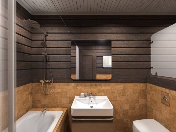 Salle de bain dans une maison en bois: bois teinté et carreaux de liège Salle de bain dans une maison en bois: bois teinté et carreaux de liège