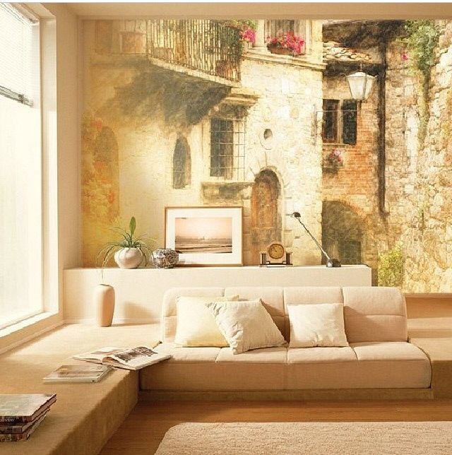 Papier peint avec l'image d'une belle rue de la vieille ville, à l'intérieur du salon