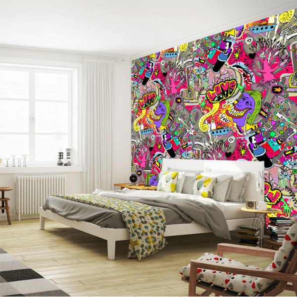 Papier peint mural Mur de graffitis à l'intérieur de la chambre Papier peint mural Mur de graffitis à l'intérieur de la chambre