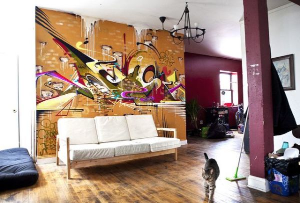 Papiers peints avec graffitis à l'intérieur du salon, dans le style d'un loft Papiers peints avec graffitis à l'intérieur du salon, dans le style d'un loft