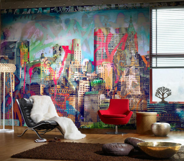 Sur la photo, des peintures murales avec vue sur la ville, réalisées sous forme de graffitis Sur la photo, des peintures murales avec vue sur la ville, réalisées sous forme de graffitis