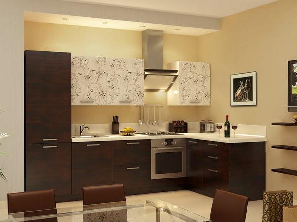 Sur la photo, délicat papier peint beige avec un ensemble de cuisine brun noble Sur la photo, délicat papier peint beige avec un ensemble de cuisine brun noble