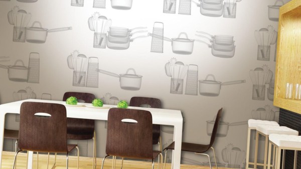 Papier peint avec un motif d'ustensiles de cuisine à l'intérieur de la cuisine Papier peint avec un motif d'ustensiles de cuisine à l'intérieur de la cuisine