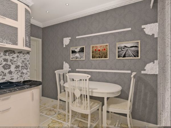 Papier peint gris et mobilier blanc à l'intérieur de la cuisine Papier peint gris et mobilier blanc à l'intérieur de la cuisine