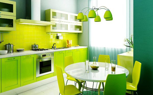 Papiers peints verts combinés avec des meubles vert vif dans la cuisine Papiers peints verts combinés avec des meubles vert vif dans la cuisine