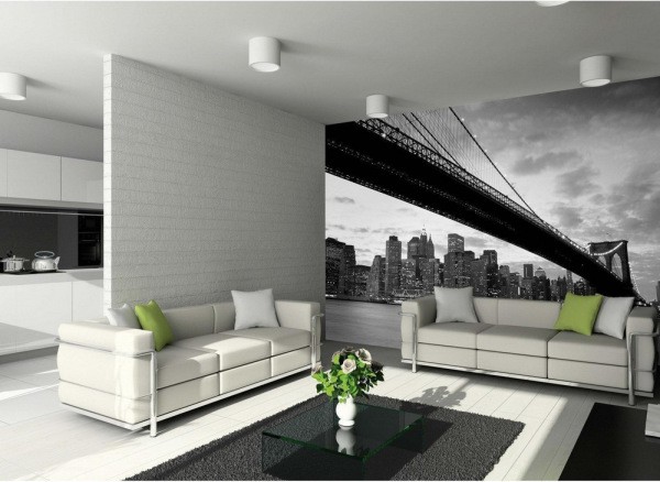 Peintures murales en noir et blanc avec l'image du pont de Brooklyn à l'intérieur du salon Peintures murales en noir et blanc avec l'image du pont de Brooklyn à l'intérieur du salon