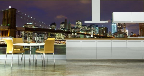 Papier peint nuit New York dans un intérieur de cuisine moderne Papier peint nuit New York dans un intérieur de cuisine moderne