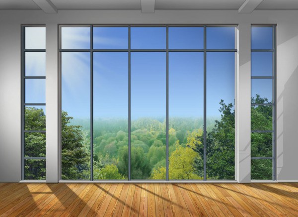 Papier peint avec l'image de ce genre à partir d'une fenêtre panoramique sur le ciel et la forêt deviendra un ornement de tout intérieur stylistique