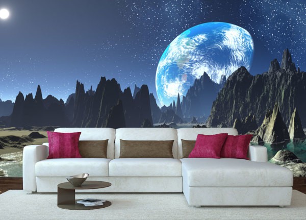 Parcelle céleste inhabituelle, vue sur le ciel étoilé et la terre d'une autre planète