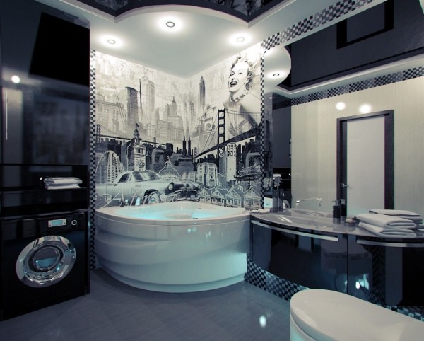 Papiers peints avec image urbaine en noir et blanc à l'intérieur d'une salle de bain moderne Papiers peints avec image urbaine en noir et blanc à l'intérieur d'une salle de bain moderne