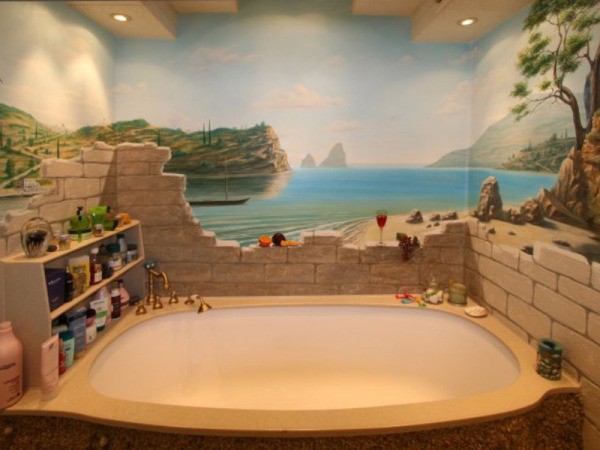 Fond d'écran de texture avec une image du paysage de la mer à l'intérieur de la salle de bain Fond d'écran de texture avec une image du paysage de la mer à l'intérieur de la salle de bain