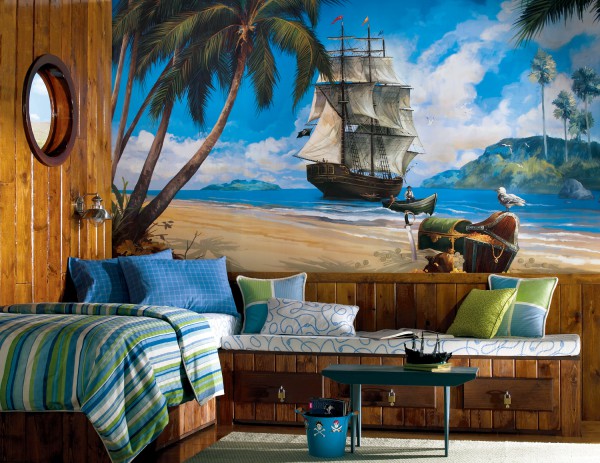 Des peintures murales prêtes à l'emploi pour enfants avec l'image d'un vieux navire et d'un coffre au trésor s'intègrent bien dans l'intérieur marin d'un futur aventurier Des peintures murales prêtes à l'emploi pour enfants avec l'image d'un vieux navire et d'un coffre au trésor s'intègrent bien dans l'intérieur marin d'un futur aventurier