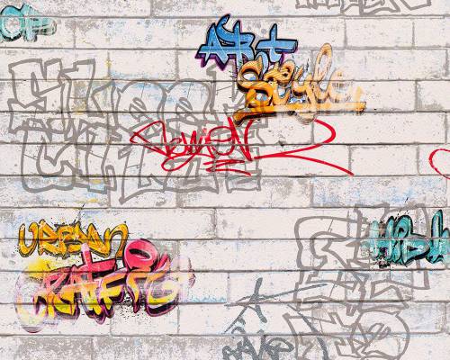 Sur la photo, vous voyez un exemple de peintures murales texturées imitant la brique, avec des graffitis dessus, ce sont exactement celles que les adolescents choisissent souvent dans leur chambre Sur la photo, vous voyez un exemple de peintures murales texturées imitant la brique, avec des graffitis dessus, ce sont exactement celles que les adolescents choisissent souvent dans leur chambre