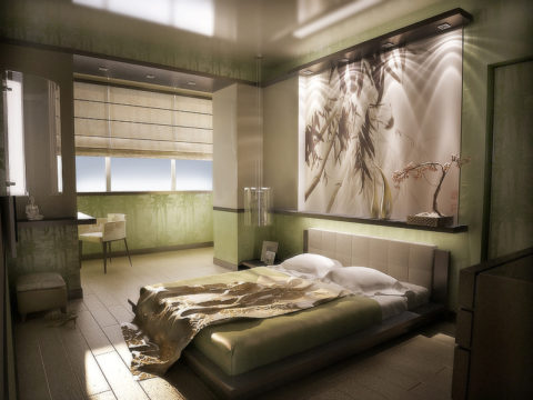Chambre aux tons olive.