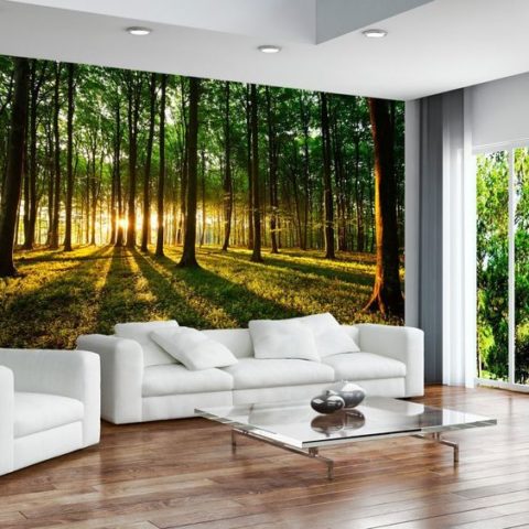 L'atmosphère de chaleur et de confort est obtenue grâce au parquet en bois naturel et au paysage naturel sur le papier peint photo L'atmosphère de chaleur et de confort est obtenue grâce au parquet en bois naturel et au paysage naturel sur le papier peint photo
